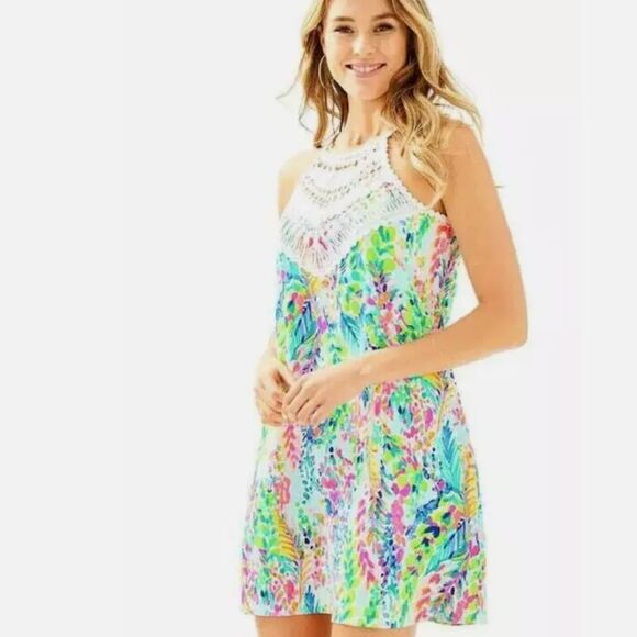 Lilly Pulitzer Size 6 Catch The Wave Embroidered Shift Dress Pink Green Tropical - Picture 1 of 14